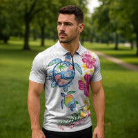 Hawaiian Abstract Art Turtles Zipper Polo Shirt with Plumeria and Hibiscus - Polynesian Pride