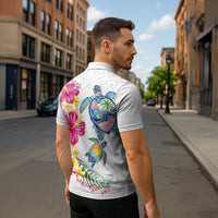 Hawaiian Abstract Art Turtles Zipper Polo Shirt with Plumeria and Hibiscus - Polynesian Pride