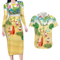 Hawaiian Mele Kalikimaka Couples Matching Long Sleeve Bodycon Dress and Hawaiian Shirt Tropical Plumeria and Lei Funny Santa Beach - Polynesian Pride