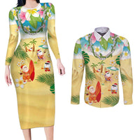 Hawaiian Mele Kalikimaka Couples Matching Long Sleeve Bodycon Dress and Long Sleeve Button Shirt Tropical Plumeria and Lei Funny Santa Beach - Polynesian Pride