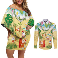Hawaiian Mele Kalikimaka Couples Matching Off Shoulder Short Dress and Long Sleeve Button Shirt Tropical Plumeria and Lei Funny Santa Beach - Polynesian Pride