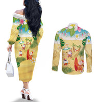 Hawaiian Mele Kalikimaka Couples Matching Off The Shoulder Long Sleeve Dress and Long Sleeve Button Shirt Tropical Plumeria and Lei Funny Santa Beach - Polynesian Pride