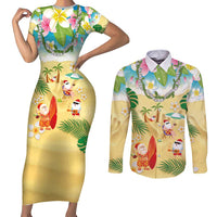 Hawaiian Mele Kalikimaka Couples Matching Short Sleeve Bodycon Dress and Long Sleeve Button Shirt Tropical Plumeria and Lei Funny Santa Beach - Polynesian Pride