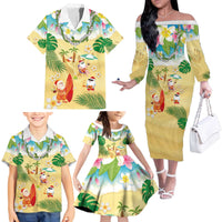 Hawaiian Mele Kalikimaka Family Matching Off The Shoulder Long Sleeve Dress and Hawaiian Shirt Tropical Plumeria and Lei Funny Santa Beach - Polynesian Pride