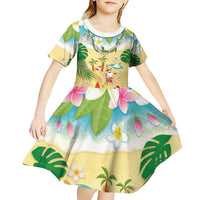 Hawaiian Mele Kalikimaka Kid Short Sleeve Dress Tropical Plumeria and Lei Funny Santa Beach - Polynesian Pride