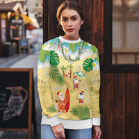 Hawaiian Mele Kalikimaka Ugly Christmas Sweater Funny Santa Claus on Beach with Tropical Plants and Lei - Polynesian Pride