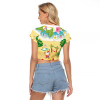 Hawaiian Mele Kalikimaka Raglan Cropped T Shirt Tropical Plumeria and Lei Funny Santa Beach - Polynesian Pride