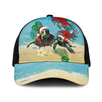 Hawaiian Mele Kalikimaka Baseball Net Cap Xmas Turtles and Tropical Plants with Red Poinsettia Watercolor Style LT03 One Size Black Multicolor - Polynesian Pride