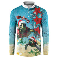 Hawaiian Mele Kalikimaka Button Sweatshirt Tropical Xmas Turtles Red Poinsettia Watercolor - Polynesian Pride