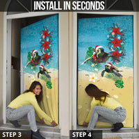 Hawaiian Mele Kalikimaka Door Cover Tropical Xmas Turtles Red Poinsettia Watercolor - Polynesian Pride