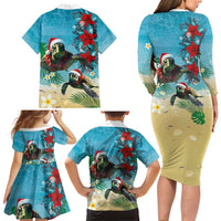 Hawaiian Mele Kalikimaka Family Matching Long Sleeve Bodycon Dress and Hawaiian Shirt Tropical Xmas Turtles Red Poinsettia Watercolor - Polynesian Pride