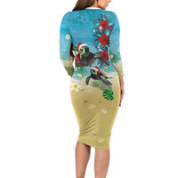 Hawaiian Mele Kalikimaka Family Matching Long Sleeve Bodycon Dress and Hawaiian Shirt Tropical Xmas Turtles Red Poinsettia Watercolor - Polynesian Pride