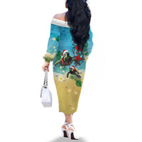 Hawaiian Mele Kalikimaka Family Matching Off The Shoulder Long Sleeve Dress and Hawaiian Shirt Tropical Xmas Turtles Red Poinsettia Watercolor - Polynesian Pride