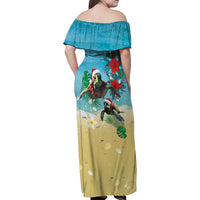 Hawaiian Mele Kalikimaka Family Matching Off Shoulder Maxi Dress and Hawaiian Shirt Tropical Xmas Turtles Red Poinsettia Watercolor - Polynesian Pride