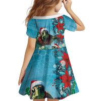 Hawaiian Mele Kalikimaka Family Matching Short Sleeve Bodycon Dress and Hawaiian Shirt Tropical Xmas Turtles Red Poinsettia Watercolor - Polynesian Pride