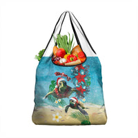Hawaiian Mele Kalikimaka Grocery Bag Tropical Xmas Turtles Red Poinsettia Watercolor - Polynesian Pride