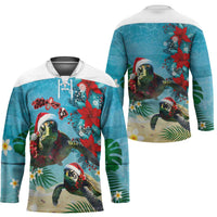 Hawaiian Mele Kalikimaka Hockey Jersey Tropical Xmas Turtles Red Poinsettia Watercolor - Polynesian Pride