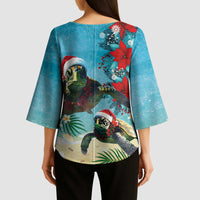 Hawaiian Mele Kalikimaka Kimono Sleeve Blouse Tropical Xmas Turtles Red Poinsettia Watercolor - Polynesian Pride