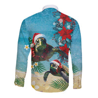 Hawaiian Mele Kalikimaka Long Sleeve Button Shirt Tropical Xmas Turtles Red Poinsettia Watercolor - Polynesian Pride