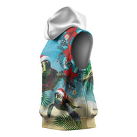 Hawaiian Mele Kalikimaka Sleeveless Hoodie Tropical Xmas Turtles Red Poinsettia Watercolor - Polynesian Pride