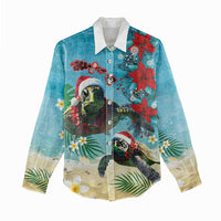 Hawaiian Mele Kalikimaka Women Casual Shirt Tropical Xmas Turtles Red Poinsettia Watercolor - Polynesian Pride