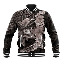 Hawaiian Plumeria and Hibiscus with Turtles Baseball Jacket Polynesian Art Grayscale - Polynesian Pride
