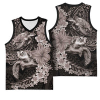Hawaiian Plumeria and Hibiscus with Turtles Basketball Jersey Polynesian Art Grayscale - Polynesian Pride