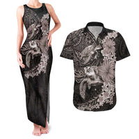 Hawaiian Plumeria and Hibiscus with Turtles Couples Matching Tank Maxi Dress and Hawaiian Shirt Polynesian Art Grayscale - Polynesian Pride