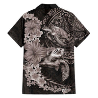 Hawaiian Plumeria and Hibiscus with Turtles Family Matching Long Sleeve Bodycon Dress and Hawaiian Shirt Polynesian Art Grayscale - Polynesian Pride