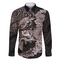 Hawaiian Plumeria and Hibiscus with Turtles Family Matching Long Sleeve Bodycon Dress and Hawaiian Shirt Polynesian Art Grayscale - Polynesian Pride