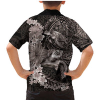 Hawaiian Plumeria and Hibiscus with Turtles Family Matching Mermaid Dress and Hawaiian Shirt Polynesian Art Grayscale - Polynesian Pride