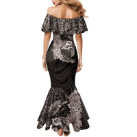 Hawaiian Plumeria and Hibiscus with Turtles Family Matching Mermaid Dress and Hawaiian Shirt Polynesian Art Grayscale - Polynesian Pride