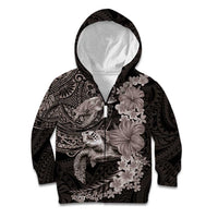 Hawaiian Plumeria and Hibiscus with Turtles Kid Hoodie Polynesian Art Grayscale - Polynesian Pride