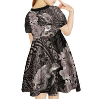 Hawaiian Plumeria and Hibiscus with Turtles Kid Short Sleeve Dress Polynesian Art Grayscale - Polynesian Pride