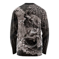 Hawaiian Plumeria and Hibiscus with Turtles Long Sleeve Shirt Polynesian Art Grayscale - Polynesian Pride