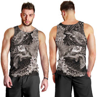 Hawaiian Plumeria and Hibiscus with Turtles Men Tank Top Polynesian Art Grayscale - Polynesian Pride