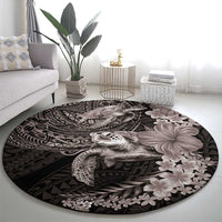 Hawaiian Plumeria and Hibiscus with Turtles Round Carpet Polynesian Art Grayscale - Polynesian Pride