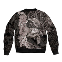 Hawaiian Plumeria and Hibiscus with Turtles Sleeve Zip Bomber Jacket Polynesian Art Grayscale - Polynesian Pride