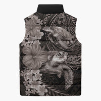 Hawaiian Plumeria and Hibiscus with Turtles Sleeveless Puffer Jacket Polynesian Art Grayscale - Polynesian Pride