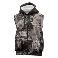Hawaiian Plumeria and Hibiscus with Turtles Sleeveless Zip Hoodie Polynesian Art Grayscale LT03 Black - Polynesian Pride