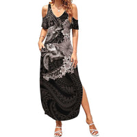 Hawaiian Plumeria and Hibiscus with Turtles Summer Maxi Dress Polynesian Art Grayscale - Polynesian Pride