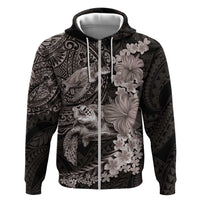 Hawaiian Plumeria and Hibiscus with Turtles Zip Hoodie Polynesian Art Grayscale - Polynesian Pride