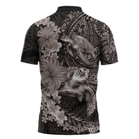 Hawaiian Plumeria and Hibiscus with Turtles Zipper Polo Shirt Polynesian Art Grayscale - Polynesian Pride