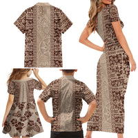 Hawaii Style Hibiscus and Tribal Element Fabric Patchwork Family Matching Short Sleeve Bodycon Dress and Hawaiian Shirt Beige Version LT03 - Polynesian Pride