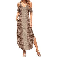 Hawaii Style Hibiscus and Tribal Element Fabric Patchwork Summer Maxi Dress Beige Version LT03 Women Beige - Polynesian Pride