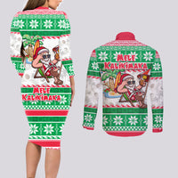 Hawaii Mele Kalikimaka Couples Matching Long Sleeve Bodycon Dress and Long Sleeve Button Shirt Aloha Santa and Palm Tree Mix Kakau Pattern LT03 - Polynesian Pride