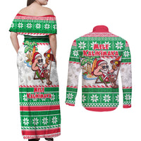 Hawaii Mele Kalikimaka Couples Matching Off Shoulder Maxi Dress and Long Sleeve Button Shirt Aloha Santa and Palm Tree Mix Kakau Pattern LT03 - Polynesian Pride