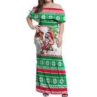 Hawaii Mele Kalikimaka Off Shoulder Maxi Dress Aloha Santa and Palm Tree Mix Kakau Pattern LT03 Women Green - Polynesian Pride
