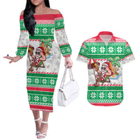 Custom Hawaii Mele Kalikimaka Couples Matching Off The Shoulder Long Sleeve Dress and Hawaiian Shirt Aloha Santa and Palm Tree Mix Kakau Pattern LT03 Green - Polynesian Pride