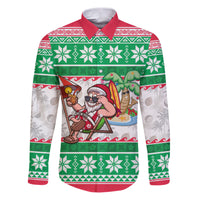 Custom Hawaii Mele Kalikimaka Family Matching Puletasi Dress and Hawaiian Shirt Aloha Santa and Palm Tree Mix Kakau Pattern LT03 Dad's Shirt - Long Sleeve Green - Polynesian Pride